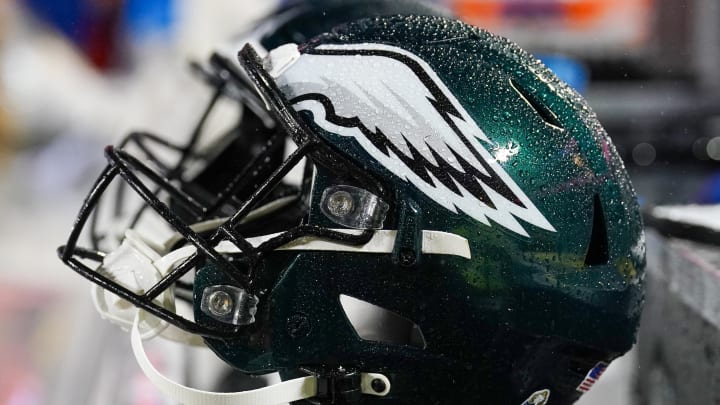 Nov 20, 2023; Kansas City, Missouri, USA; A general view of a Philadelphia Eagles helmet against the Kansas City Chiefs prior to a game at GEHA Field at Arrowhead Stadium. Mandatory Credit: Denny Medley-USA TODAY Sports