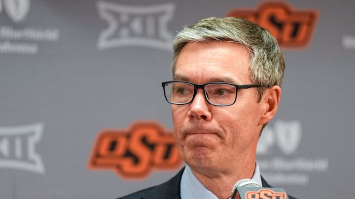 Oklahoma State Athletic Director Chad Weiberg speaks at a press conference following the firing of head football coach Mike Gundy in Stillwater, Okla., on Tuesday, Sept. 23, 2025.
