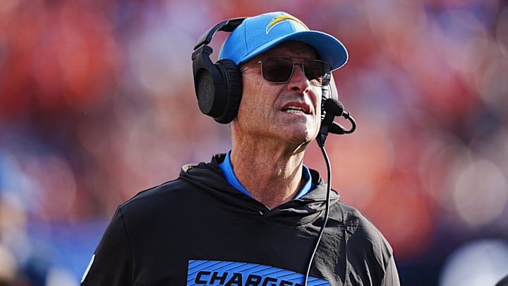 Oct 13, 2024; Denver, Colorado, USA; Los Angeles Chargers head coach Jim Harbaugh during the second half against the Denver Broncos at Empower Field at Mile High. Mandatory Credit: Ron Chenoy-Imagn Images