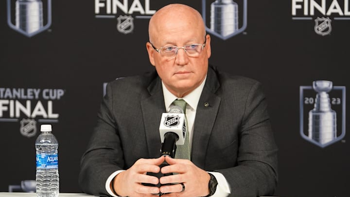 Jun 3, 2023; Las Vegas, Nevada, USA; NHL deputy commissioner Bill Daly speaks at a press conference before game one of the 2023 Stanley Cup Final between the Florida Panthers and Vegas Golden Knights at T-Mobile Arena. Mandatory Credit: Lucas Peltier-Imagn Images