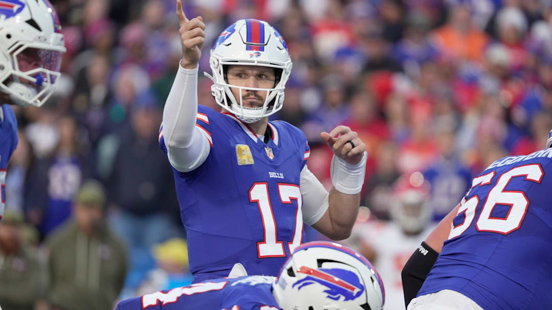 Buffalo Bills quarterback Josh Allen signals to the offensive line during first half action against the Kansas City Chiefs at Highmark Stadium in Orchard Park on Nov. 2, 2025.