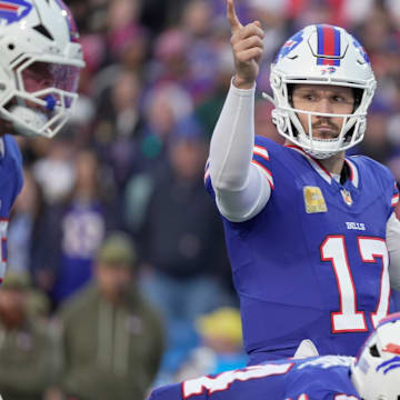 Buffalo Bills quarterback Josh Allen signals to the offensive line during first half action against the Kansas City Chiefs at Highmark Stadium in Orchard Park on Nov. 2, 2025.