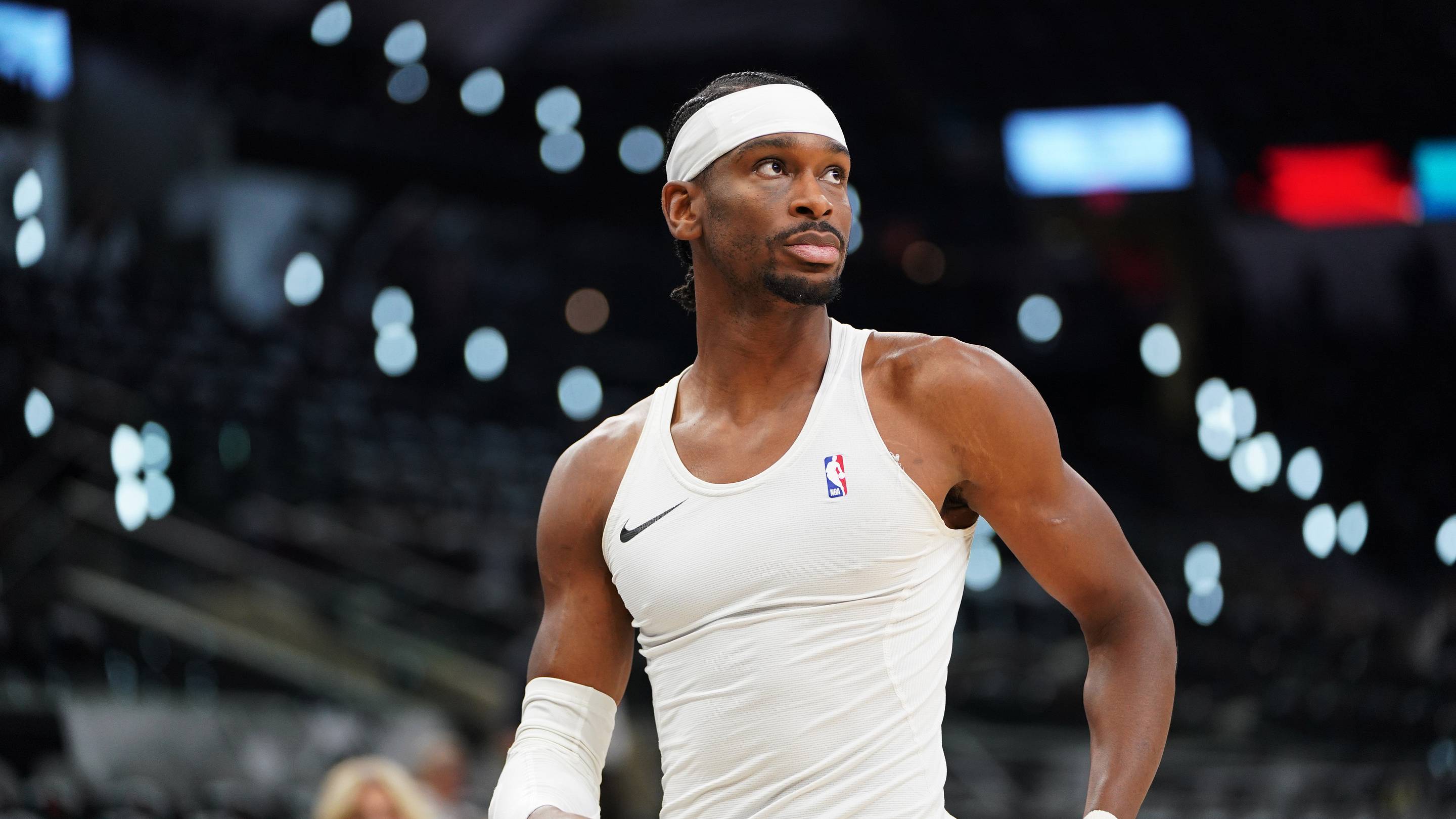 May 28, 2026; San Antonio, Texas, USA; Oklahoma City Thunder guard Shai Gilgeous-Alexander (2) warms up before the start of game six of the western conference finals for the 2026 NBA playoffs at Frost Bank Center. Mandatory Credit: Dustin Safranek-Imagn Images