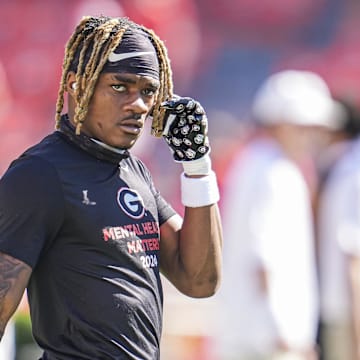 Oct 12, 2024; Athens, Georgia, USA; Georgia Bulldogs defensive back KJ Bolden (4) shown on the field prior to playing the Mississippi State Bulldogs at Sanford Stadium. Mandatory Credit: Dale Zanine-Imagn Images
