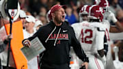 Nov 29, 2025; Auburn, Alabama, USA; Alabama head coach Kalen DeBoer protests a personal foul call against the Crimson Tide during the game with Auburn at Jordan-Hare Stadium. Mandatory Credit: Gary Cosby Jr.-Tuscaloosa News