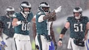 Jan 19, 2025; Philadelphia, Pennsylvania, USA; Philadelphia Eagles wide receiver A.J. Brown (11) reacts after a first down catch against the Los Angeles Rams in a 2025 NFC divisional round game at Lincoln Financial Field. Mandatory Credit: Bill Streicher-Imagn Images