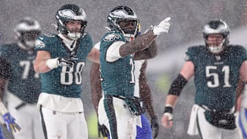 Jan 19, 2025; Philadelphia, Pennsylvania, USA; Philadelphia Eagles wide receiver A.J. Brown (11) reacts after a first down catch against the Los Angeles Rams in a 2025 NFC divisional round game at Lincoln Financial Field. Mandatory Credit: Bill Streicher-Imagn Images