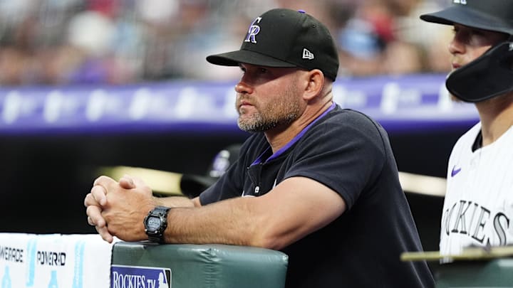 Jul 22, 2025; Denver, Colorado, USA; Colorado Rockies interim manager Warren Schaeffer (34) during the first inning against the St. Louis Cardinals at Coors Field