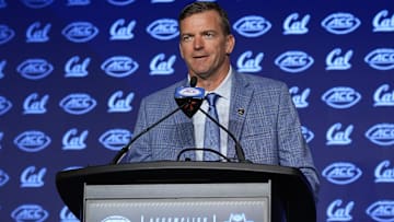 Jul 23, 2024; Charlotte, NC, USA;  Cal head coach Justin Wilcox answers questions from the media during the ACC Kickoff at Hilton Charlotte Uptown. Mandatory Credit: Jim Dedmon-Imagn Images