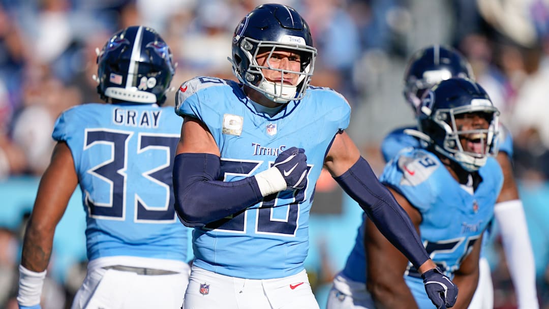 Tennessee Titans linebacker Cody Barton (50) and defensive end Sebastian Joseph-Day (69) celebrate a big stop against the Houston Texans during the third quarter at Nissan Stadium in Nashville, Tenn., Sunday, Nov. 16, 2025.