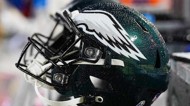 Nov 20, 2023; Kansas City, Missouri, USA; A general view of a Philadelphia Eagles helmet against the Kansas City Chiefs prior to a game at GEHA Field at Arrowhead Stadium. Mandatory Credit: Denny Medley-Imagn Images