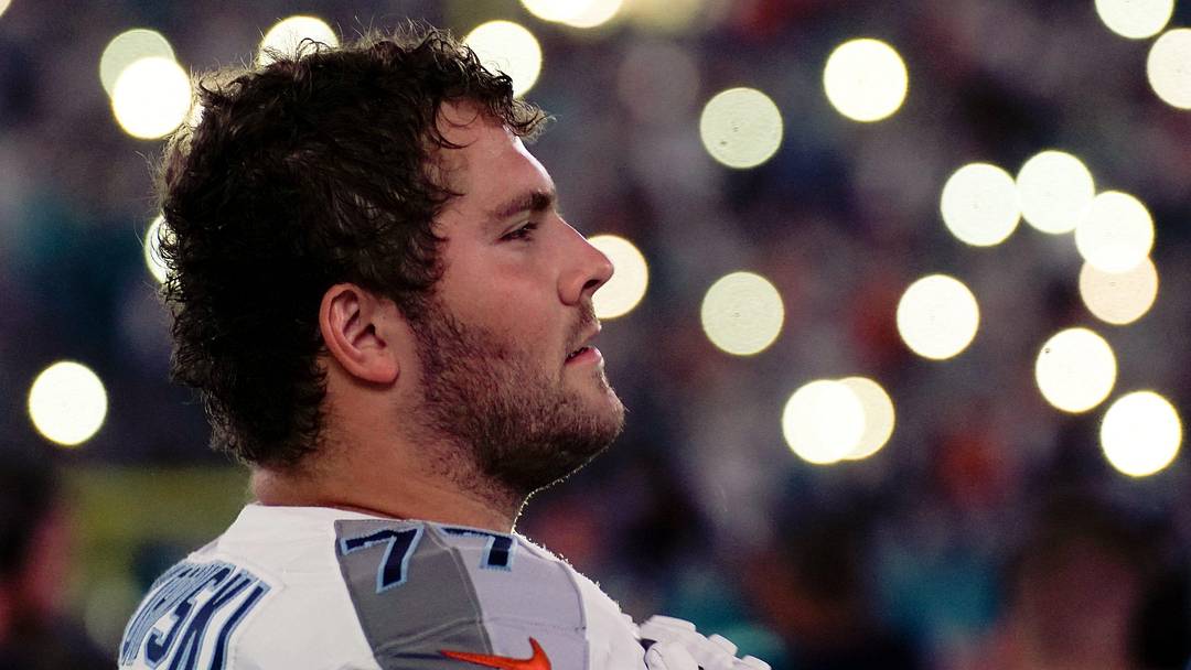 Tennessee Titans offensive tackle Peter Skoronski before a game against the Miami Dolphins at Hard Rock Stadium in Miami, Fla., Monday, Dec. 11, 2023.