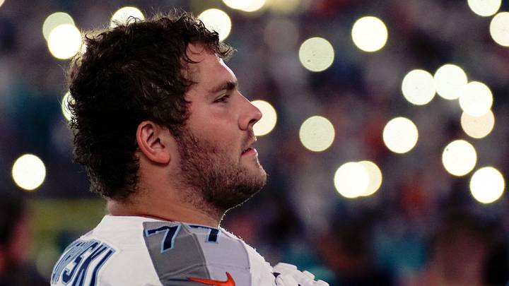 Tennessee Titans offensive tackle Peter Skoronski before a game against the Miami Dolphins at Hard Rock Stadium in Miami, Fla., Monday, Dec. 11, 2023.