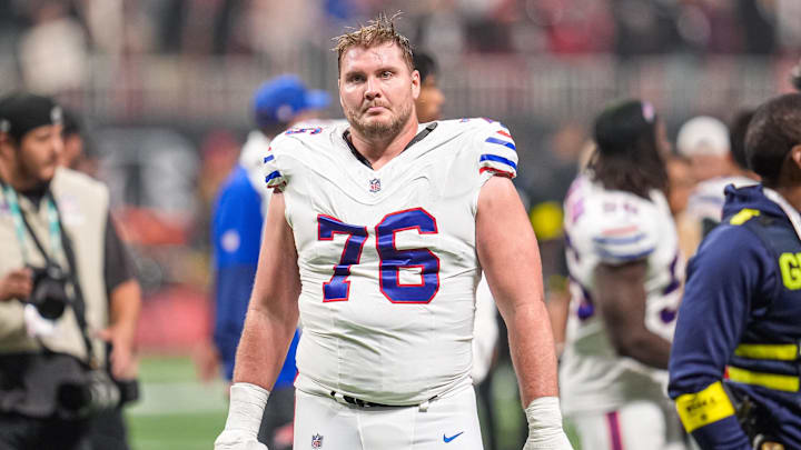 Oct 13, 2025; Atlanta, Georgia, USA; Buffalo Bills guard David Edwards (76) on the field against the Atlanta Falcons at Mercedes-Benz Stadium. Mandatory Credit: Dale Zanine-Imagn Images
