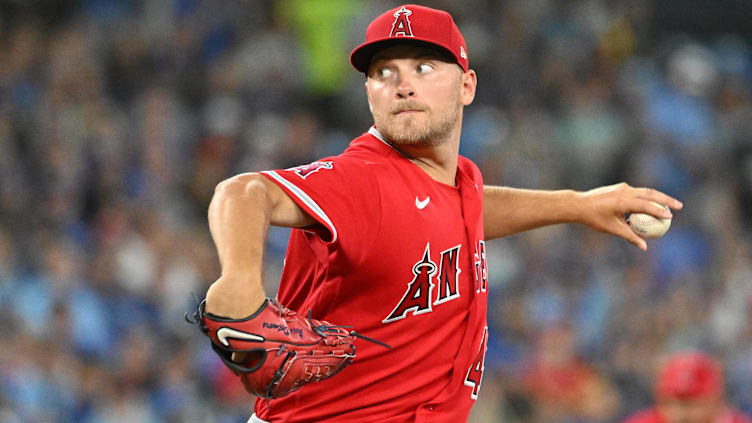 Jul 29, 2023; Toronto, Ontario, CAN; Los Angeles Angels starting pitcher Reid Detmer (46) delivers a