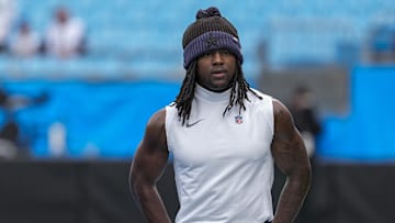 Dec 15, 2024; Charlotte, North Carolina, USA; Dallas Cowboys cornerback Kemon Hall (43) walks the field against the Carolina Panthers during pregame warmups at Bank of America Stadium. Mandatory Credit: Jim Dedmon-Imagn Images