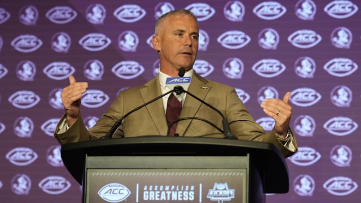 Jul 22, 2024; Charlotte, NC, USA; Florida State head coach Mike Norvell speaks to the media during ACC Kickoff at Hilton Charlotte Uptown. Mandatory Credit: Jim Dedmon-USA TODAY Sports