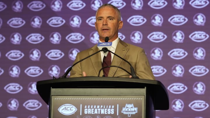 Jul 22, 2024; Charlotte, NC, USA; Florida State head coach Mike Norvell speaks to the media during ACC Kickoff at Hilton Charlotte Uptown. Mandatory Credit: Jim Dedmon-USA TODAY Sports