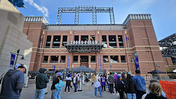 Apr 20, 2025; Denver, Colorado, USA; General view as Washington Nationals and Colorado Rockies fan await to enter for game 2 at Coors Field. Mandatory Credit: Ron Chenoy-Imagn Images