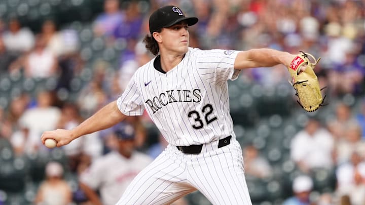 Jul 1, 2025; Denver, Colorado, USA; Colorado Rockies starting pitcher Chase Dollander (32) delivers a pitch against the Houston Astros in the first inning at Coors Field. Jul 1, 2025; Denver, Colorado, USA; Colorado Rockies starting pitcher Chase Dollander (32) delivers a pitch against the Houston Astros in the first inning at Coors Field.