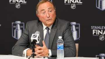 Jun 3, 2023; Las Vegas, Nevada, USA; NHL commissioner Gary Bettman speaks at a press conference before game one of the 2023 Stanley Cup Final between the Florida Panthers and Vegas Golden Knights at T-Mobile Arena. Mandatory Credit: Lucas Peltier-USA TODAY Sports