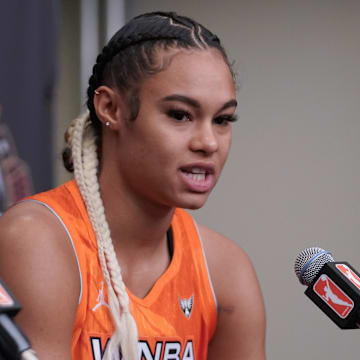 Jul 15, 2023; Las Vegas, NV, USA; Team Stewart frontcourt Satou Sabally (0) answers questions during a press conference prior to the 2023 WNBA All-Star Game at Michelob Ultra Arena. Mandatory Credit: Lucas Peltier-Imagn Images