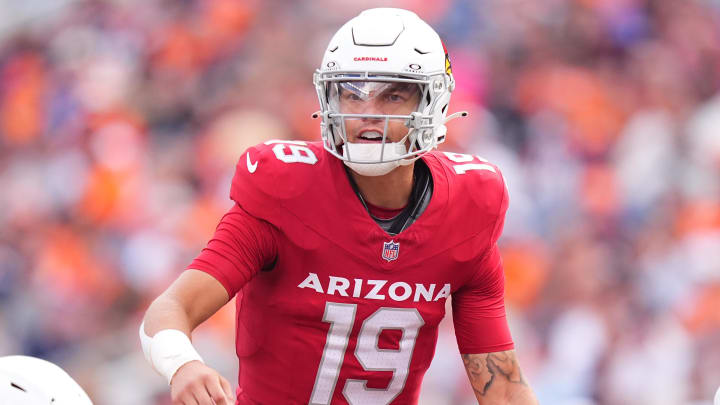 Aug 25, 2024; Denver, Colorado, USA; Arizona Cardinals quarterback Desmond Ridder (19) during the second half against the Denver Broncos at Empower Field at Mile High. Mandatory Credit: Ron Chenoy-USA TODAY Sports