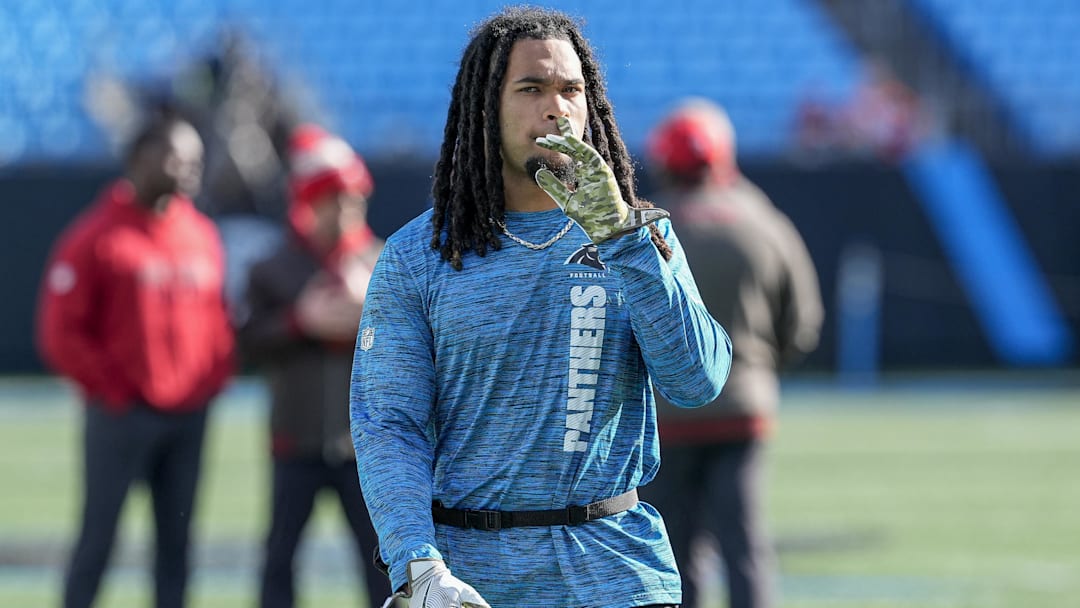 Dec 1, 2024; Charlotte, North Carolina, USA; Carolina Panthers running back Jonathon Brooks (24) during pregame warmups against the Tampa Bay Buccaneers at Bank of America Stadium. Mandatory Credit: Jim Dedmon-Imagn Images