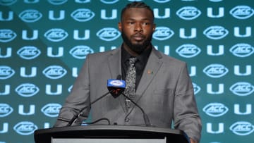 Jul 24, 2024; Charlotte, NC, USA;  Miami Hurricanes offensive lineman Jalen Rivers speaks to the media during the ACC Kickoff at Hilton Charlotte Uptown. Mandatory Credit: Jim Dedmon-USA TODAY Sports