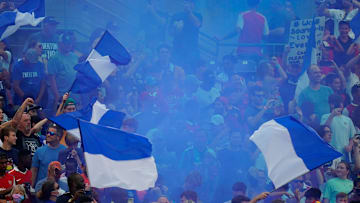 Jul 16, 2022; Baltimore, Maryland, USA; Blue smoke bellows for the Everton section during the Charm City International Friendly against Arsenal at M&T Stadium.  Arsenal defeated Everton 2-0. Mandatory Credit: Tommy Gilligan-Imagn Images