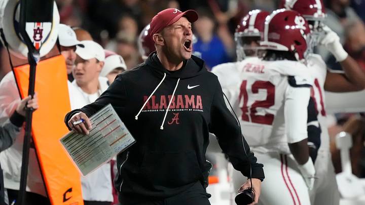 Nov 29, 2025; Auburn, Alabama, USA; Alabama head coach Kalen DeBoer protests a personal foul call against the Crimson Tide during the game with Auburn at Jordan-Hare Stadium. Mandatory Credit: Gary Cosby Jr.-Tuscaloosa News