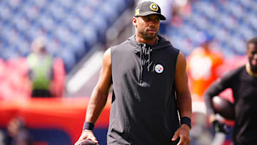 Sep 15, 2024; Denver, Colorado, USA; Pittsburgh Steelers quarterback Russell Wilson (3) before the game against the Denver Broncos at Empower Field at Mile High. Mandatory Credit: Ron Chenoy-Imagn Images