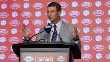 Jul 25, 2024; Charlotte, NC, USA;  Clemson Tigers head coach Dabo Swinney speaks to the media during the ACC Kickoff at Hilton Charlotte Uptown. Mandatory Credit: Jim Dedmon-USA TODAY Sports