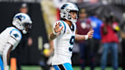 Nov 16, 2025; Atlanta, Georgia, USA; Carolina Panthers quarterback Bryce Young (9) calls out a play in the second quarter against the Atlanta Falcons at Mercedes-Benz Stadium. Mandatory Credit: Dale Zanine-Imagn Images