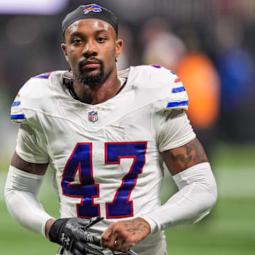 Buffalo Bills cornerback Christian Benford on the field against the Atlanta Falcons at Mercedes-Benz Stadium.