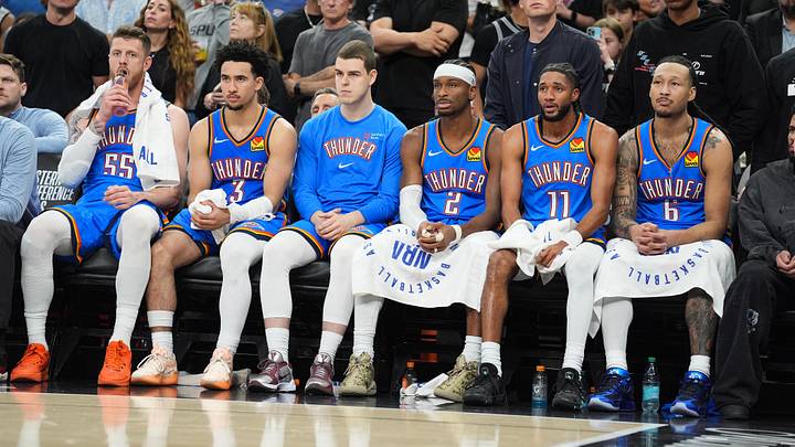 May 24, 2026; San Antonio, Texas, USA; Oklahoma City Thunder bench looks on in the fourth quarter against the San Antonio Spurs  during game four of the western conference finals for the 2026 NBA playoffs at Frost Bank Center. Mandatory Credit: Daniel Dunn-Imagn Images