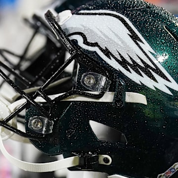 Nov 20, 2023; Kansas City, Missouri, USA; A general view of a Philadelphia Eagles helmet against the Kansas City Chiefs prior to a game at GEHA Field at Arrowhead Stadium. Mandatory Credit: Denny Medley-Imagn Images
