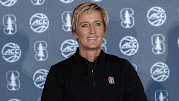 Oct 9, 2024; Charlotte, NC, USA;  Stanford head coach Kate Paye during ACC Media Days at The Hilton Charlotte Uptown. Mandatory Credit: Jim Dedmon-Imagn Images