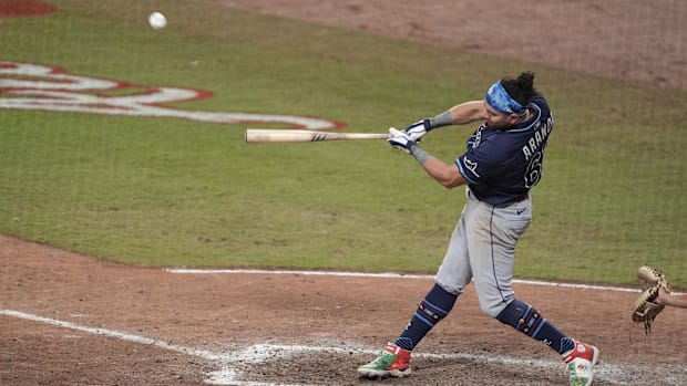 Jul 15, 2025; Cumberland, Georgia, USA; AL’s Jonathan Aranda hits a home run in the swing off at the 2025 MLB All Star Game.
