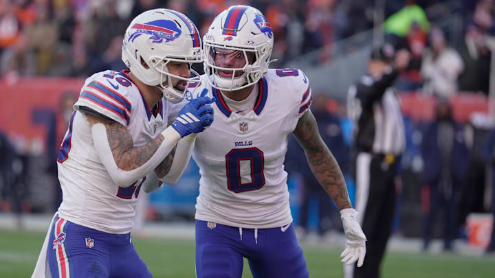 Buffalo Bills wide receiver Keon Coleman checks in with wide receiver Khalil Shakir on the play while they line up during first half action at Empower FIeld at Mile High in Denver, Colorado on Jan. 17, 2026.