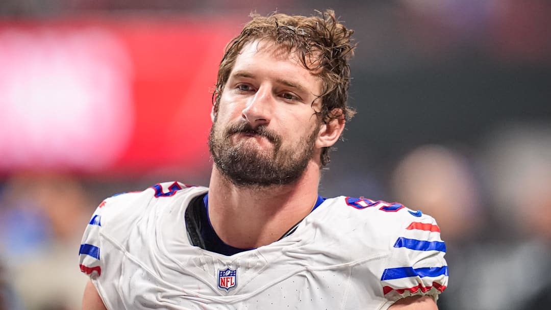 Oct 13, 2025; Atlanta, Georgia, USA; Buffalo Bills defensive end Joey Bosa (97) on the field against the Atlanta Falcons at Mercedes-Benz Stadium. Mandatory Credit: Dale Zanine-Imagn Images