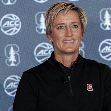 Oct 9, 2024; Charlotte, NC, USA;  Stanford head coach Kate Paye during ACC Media Days at The Hilton Charlotte Uptown. Mandatory Credit: Jim Dedmon-Imagn Images
