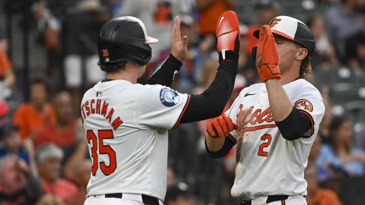 Jul 30, 2024; Baltimore, Maryland, USA;  Baltimore Orioles catcher Adley Rutschman (35) celebrates with shortstop Gunnar Henderson (2) after scoring during the third inning against the Toronto Blue Jays at Oriole Park at Camden Yards. Mandatory Credit: Tommy Gilligan-USA TODAY Sports