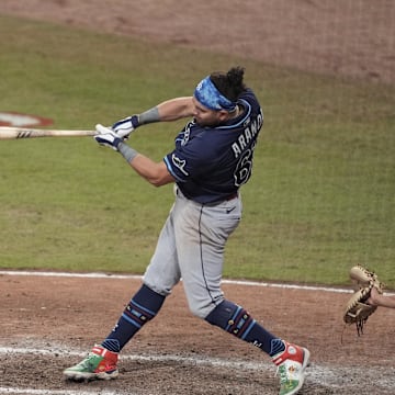 Cumberland, Georgia, USA; American League infielder Jonathan Aranda (62) of the Tampa Bay Rays hits a home run in the swing off after the 2025 MLB All-Star Game ended in a tie at Truist Park.