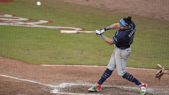 Cumberland, Georgia, USA; American League infielder Jonathan Aranda (62) of the Tampa Bay Rays hits a home run in the swing off after the 2025 MLB All-Star Game ended in a tie at Truist Park.