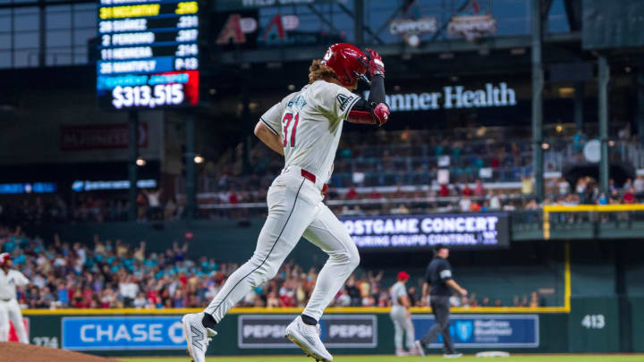 Aug 10, 2024; Phoenix, Arizona, USA;  Arizona Diamondbacks outfielder Jake McCarthy (31) after hitting a home run in the seventh inning during a game against the Philadelphia Phillies at Chase Field. Mandatory Credit: Allan Henry-USA TODAY Sports