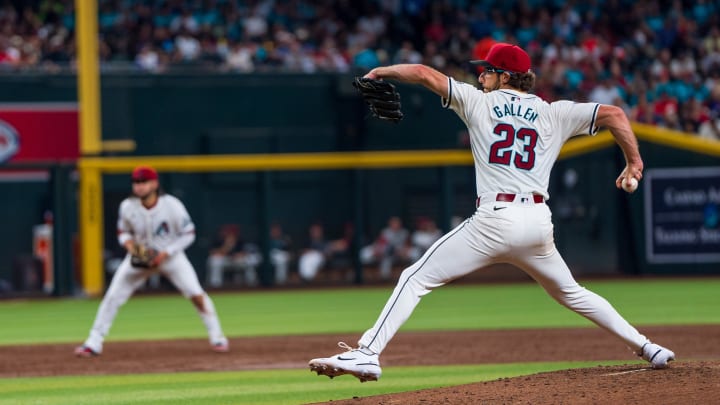 Aug 10, 2024; Phoenix, Arizona, USA; Arizona Diamondbacks pitcher Zac Gallen (23) on the mound in the third inning during a game against the Philadelphia Phillies at Chase Field. Mandatory Credit: Allan Henry-USA TODAY Sports 