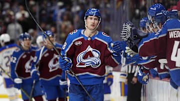 Nov 13, 2025; Denver, Colorado, USA; Colorado Avalanche center Martin Necas (88) celebrates after scoring a goal in the third period against the Buffalo Sabres at Ball Arena. Mandatory Credit: Ron Chenoy-Imagn Images