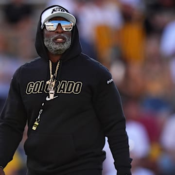 Aug 29, 2024; Boulder, Colorado, USA; Colorado Buffaloes head coach Deion Sanders before the game against the North Dakota State Bison at Folsom Field. Mandatory Credit: Ron Chenoy-Imagn Images