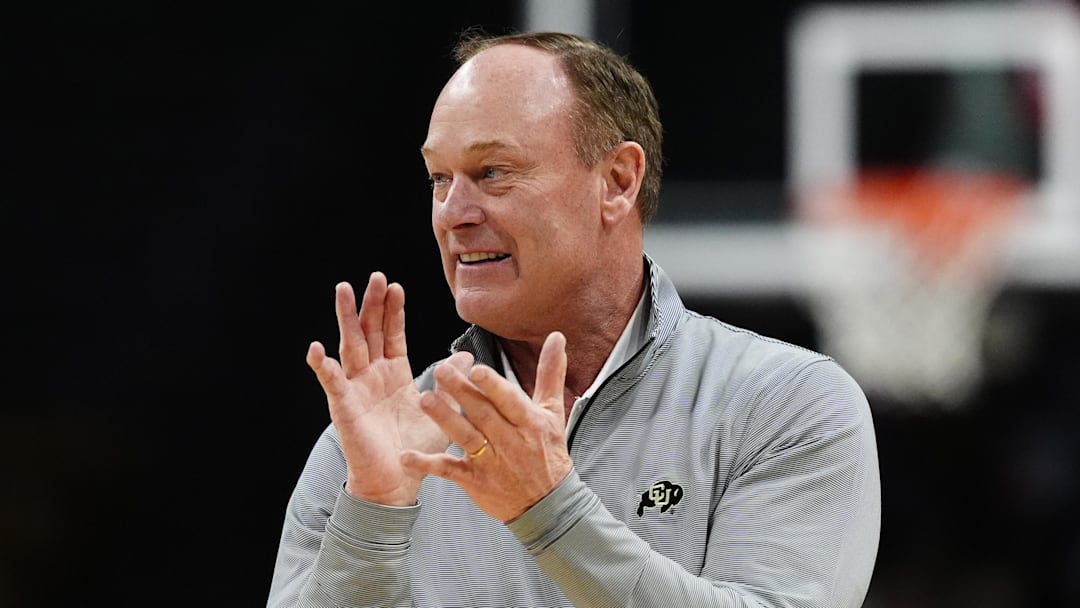 Mar 8, 2025; Boulder, Colorado, USA; Colorado Buffaloes athletic director Rick George claps during the first half against the TCU Horned Frogs at the CU Events Center. Mandatory Credit: Ron Chenoy-Imagn Images